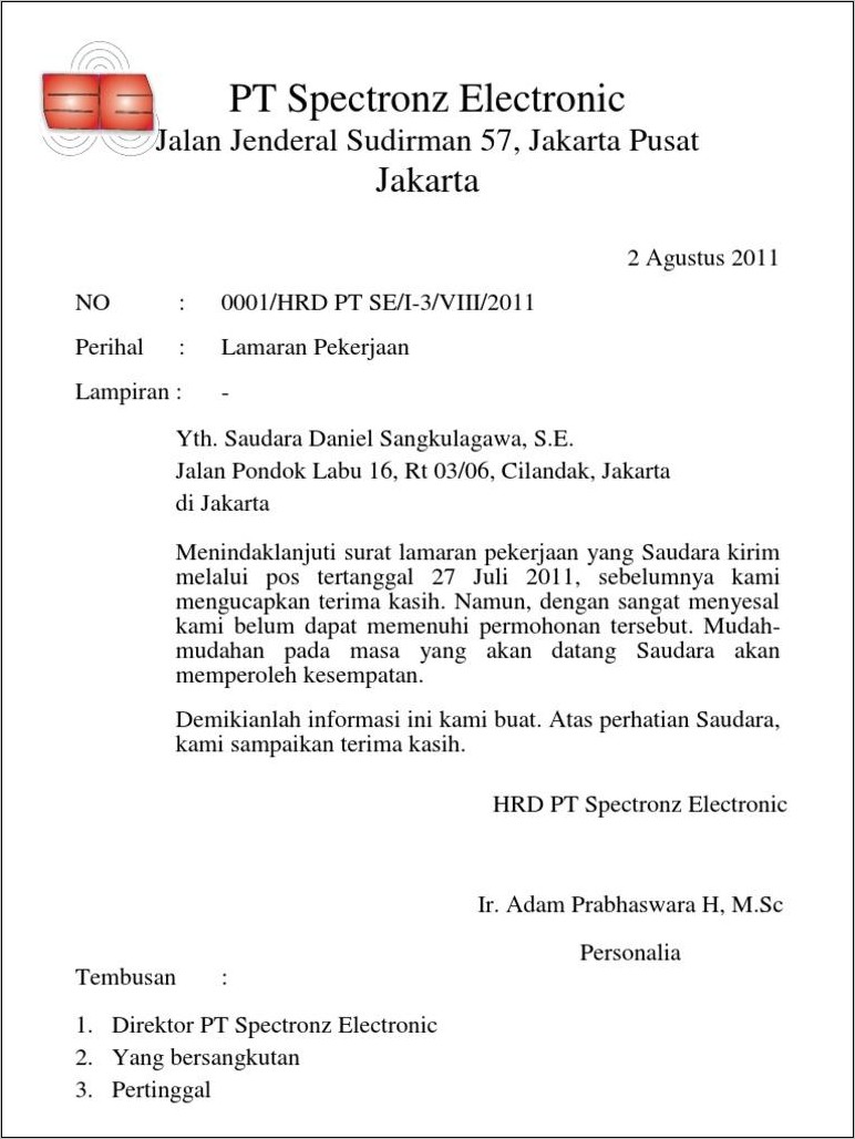 Contoh Balasan Surat Lamaran Pekerjaan Diterima