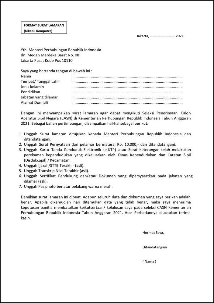 Contoh Blanko Surat Lamaran Cpns