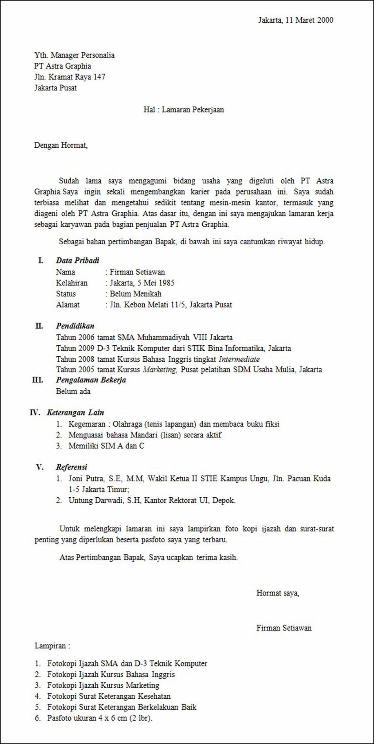 Contoh Dasar Surat Lamaran Kerja