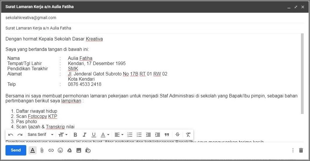 Contoh Email Surat Lamaran Kerja