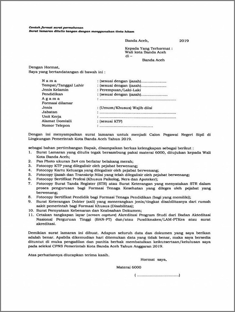 Contoh Format Surat Lamaran Cpns