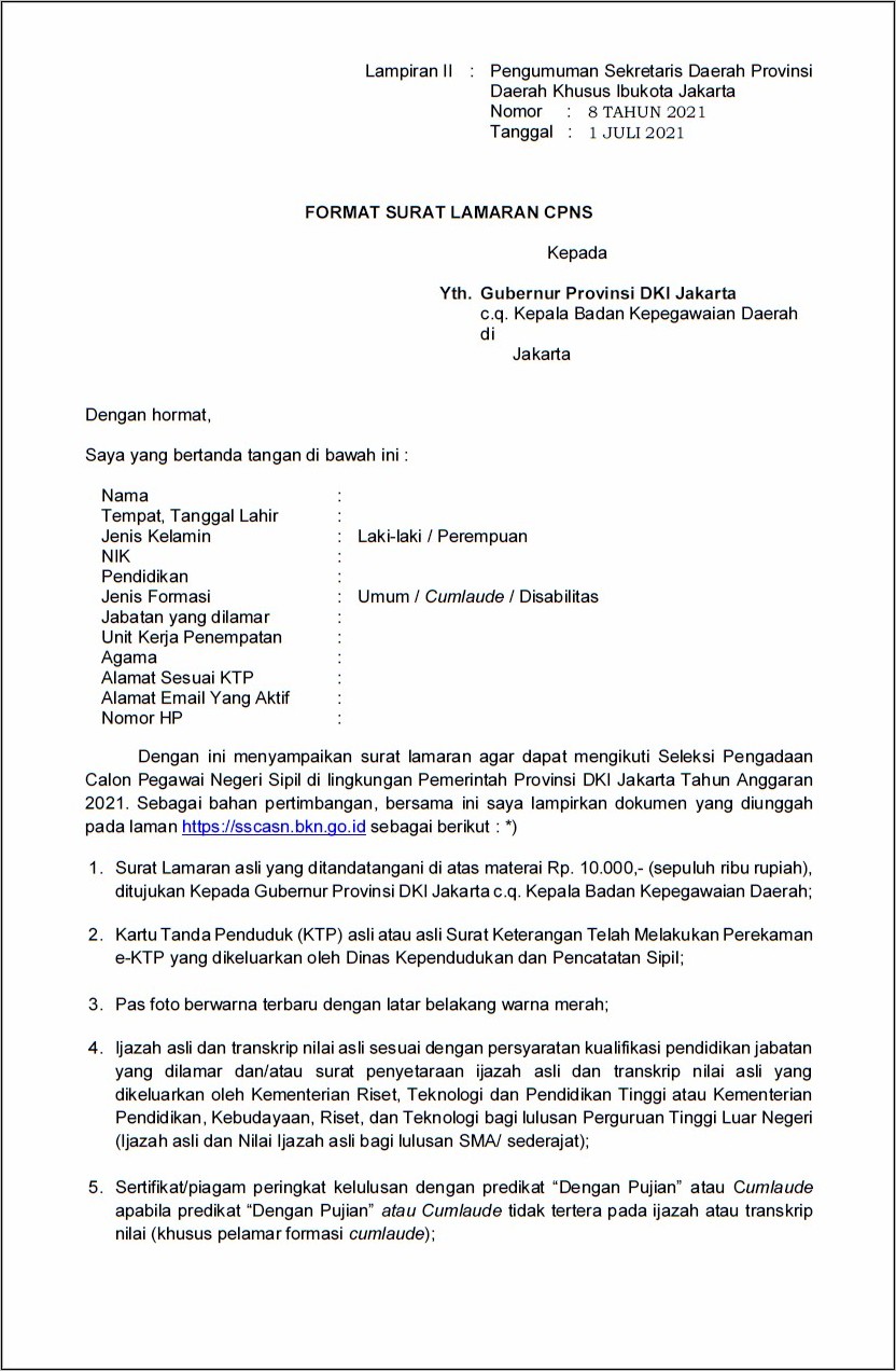 Contoh Format Surat Lamaran Pekerjaan