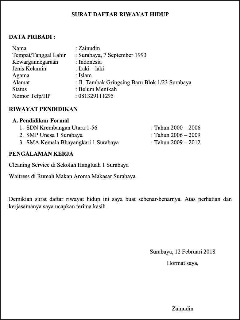 Contoh Format Surat Riwayat Hidup Untuk Melamar Pekerjaan