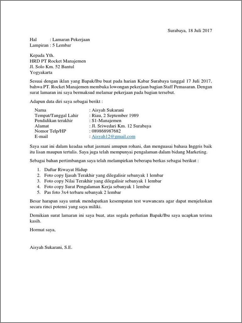 Contoh Iklan Surat Lamaran Dan Cv Dalam Bahasa Inggris