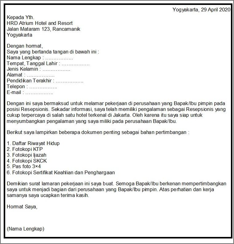 Contoh Isi Dalam Surat Lamaran Di Hotel