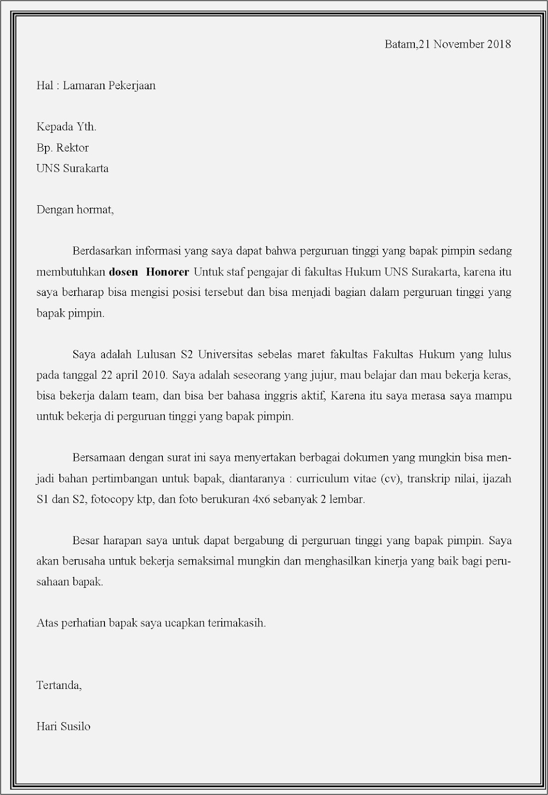 Contoh Isi Surat Lamaran Dosen Cpns