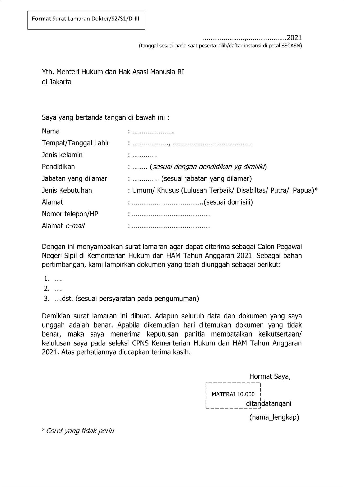 Contoh Isian Surat Lamaran Pemprov Jateng