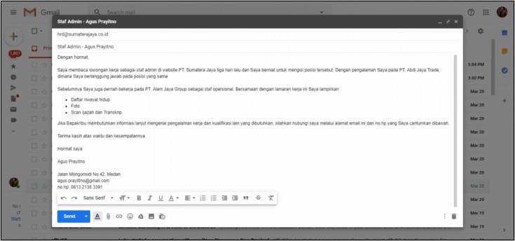 Contoh Mengirim Surat Lamaran Melalui Email