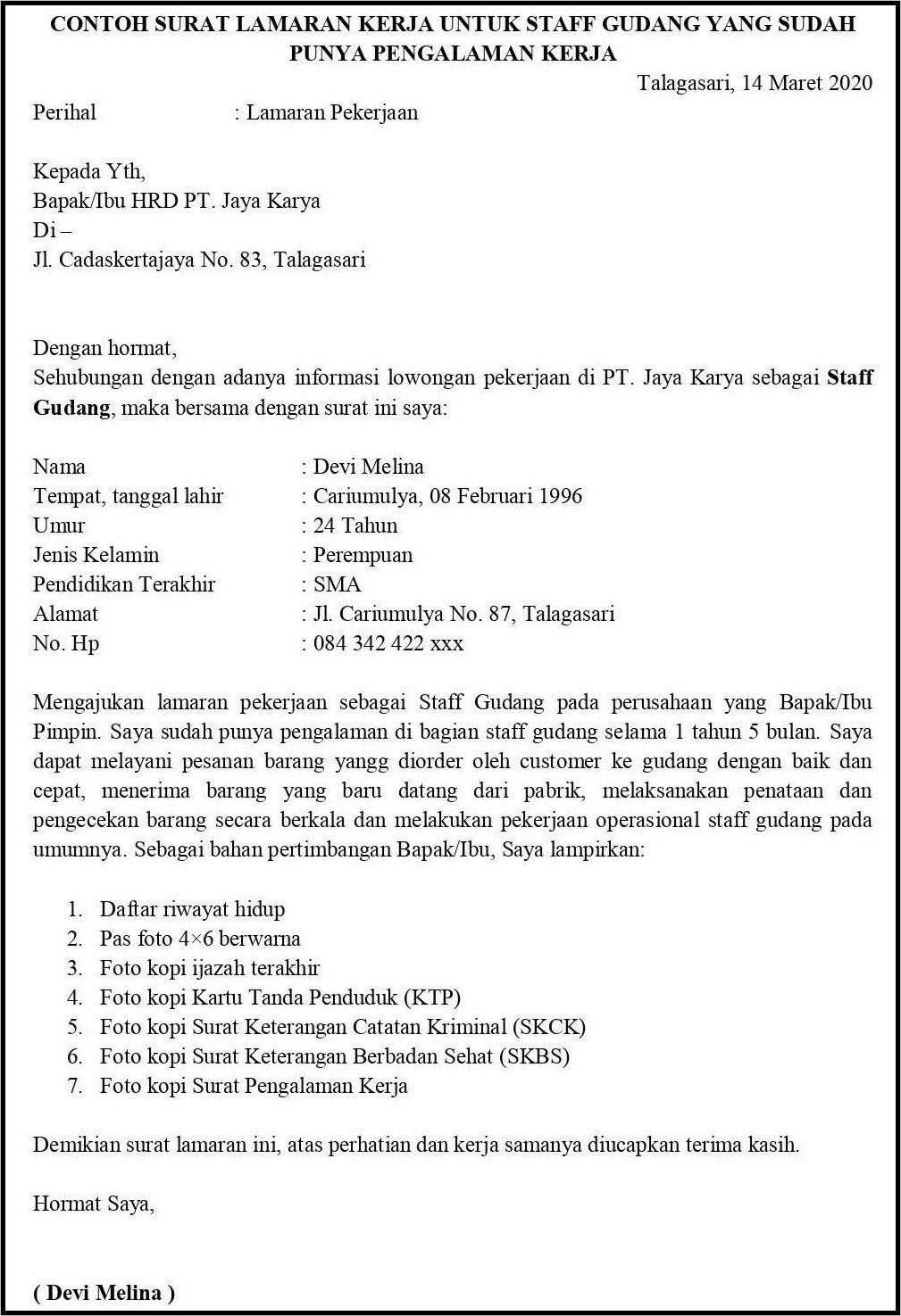 Contoh Pengalaman Kerja Di Surat Lamaran