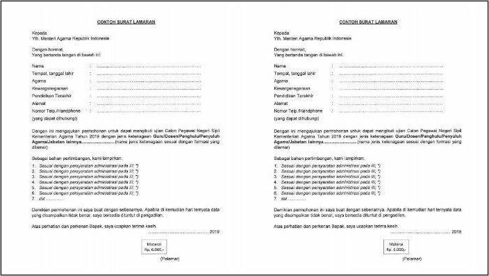 Contoh Pengisian Surat Lamaran Cpns 2019