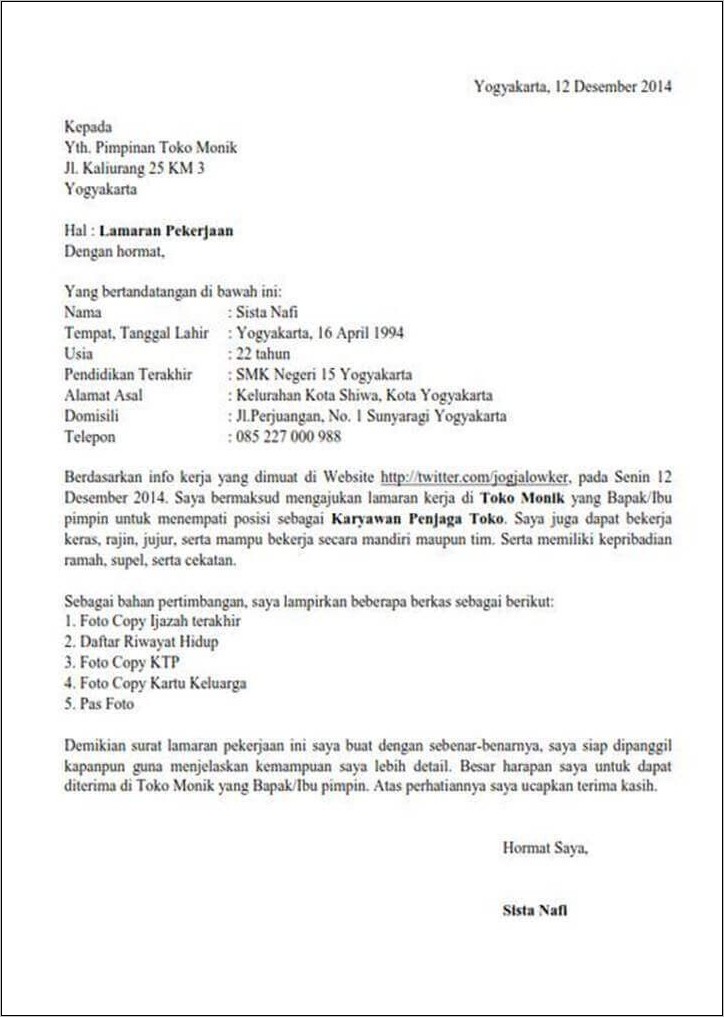 Contoh Penulisan Surat Lamaran Kerja Di Toko Dengan Riwayat Hidup