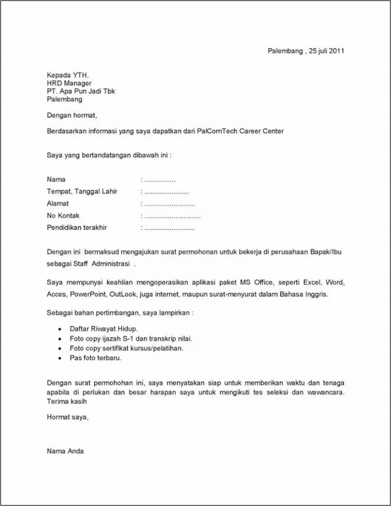 Contoh Penulisan Surat Lamaran Kerja