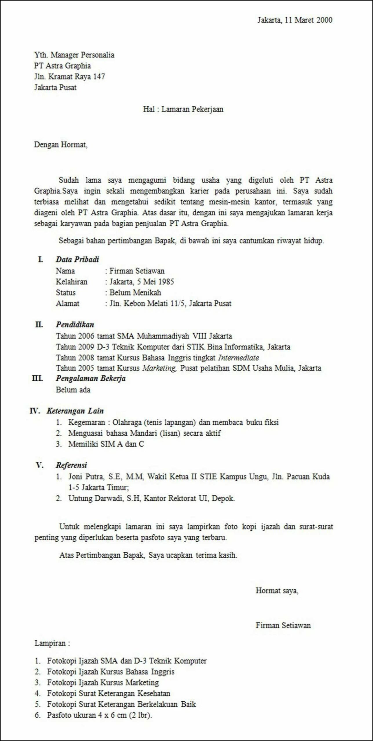 Contoh Penulisan Surat Lamaran Pekerjaan Yang Benar