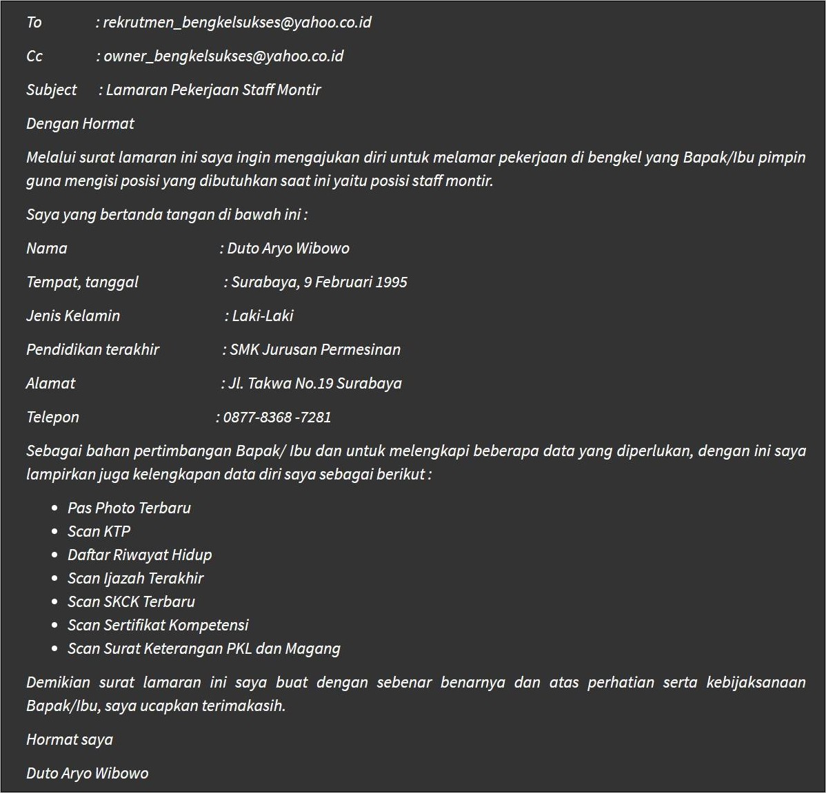 Contoh Pesan Surat Lamaran