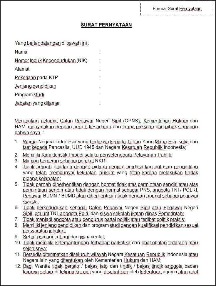 Contoh Pormat Surat Lamaran Ccpns Menkum Ham