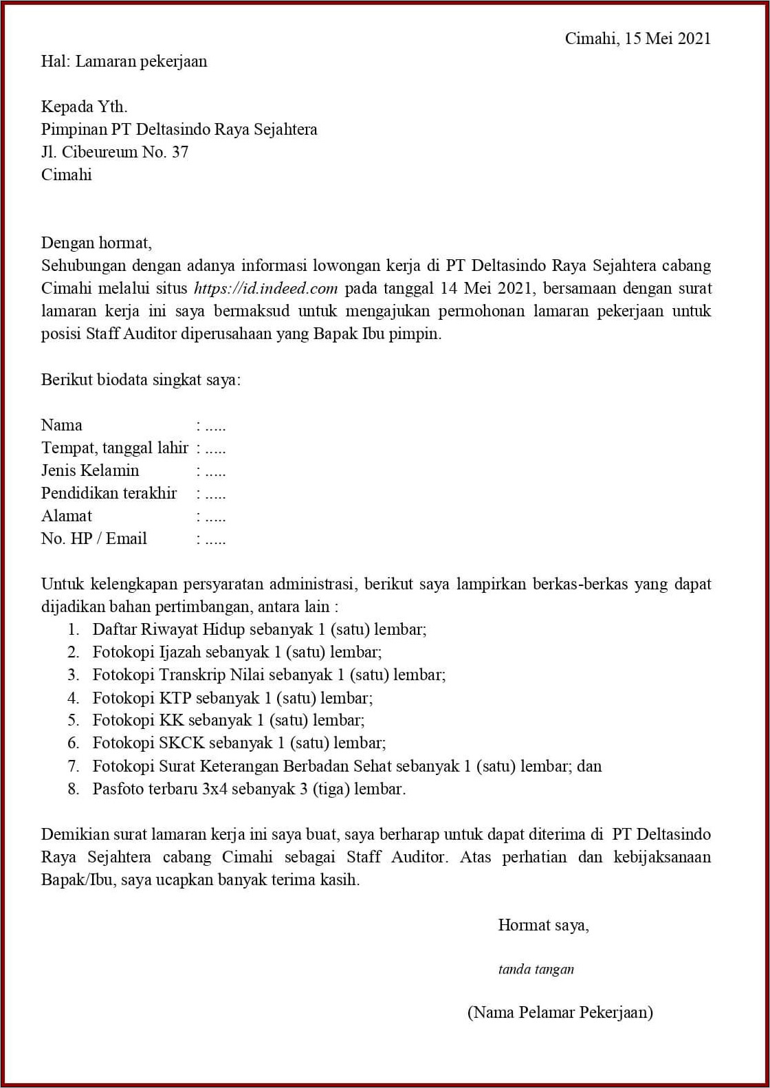 Contoh Sistematika Surat Lamaran Pekerjaan