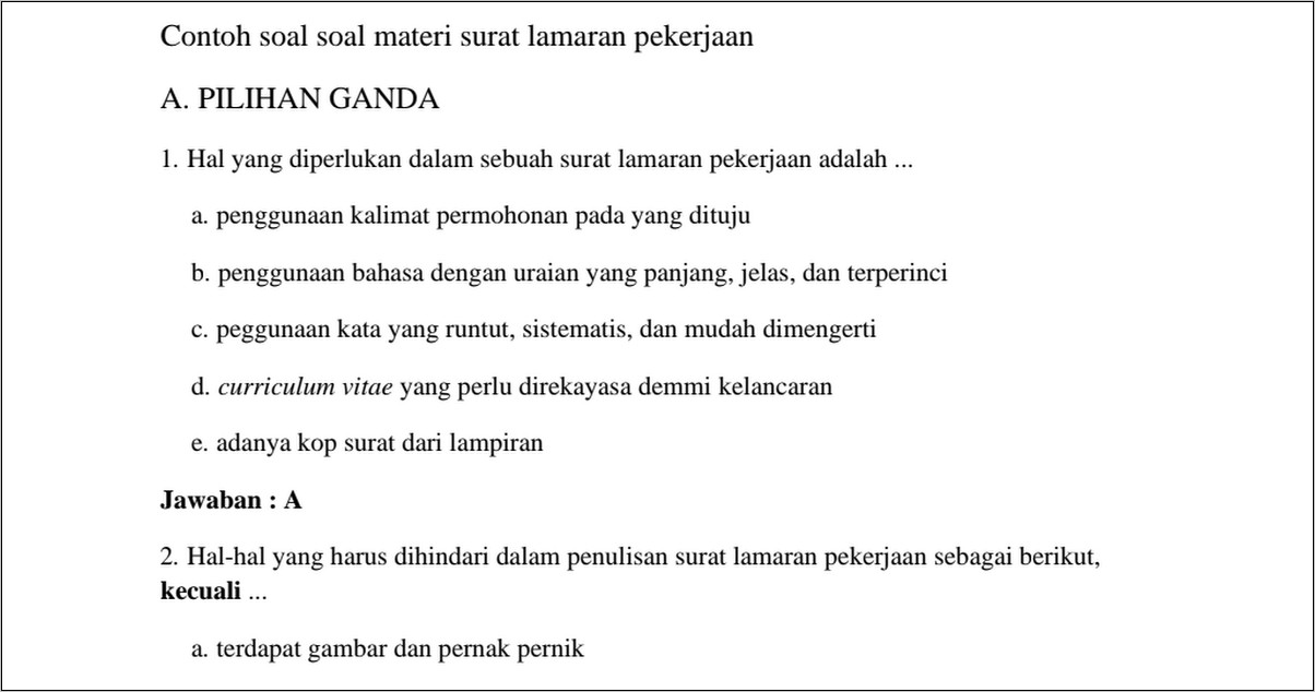 Contoh Soal Pilihan Ganda Tentang Surat Lamaran Pekerjaan