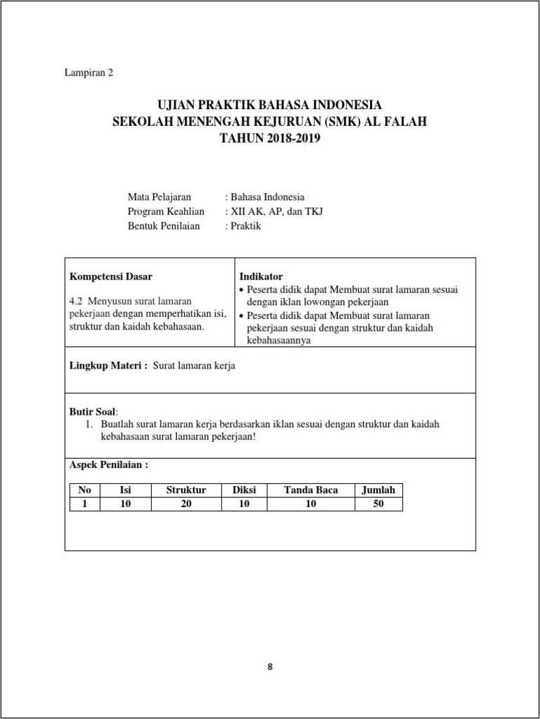 Contoh Soal Struktur Surat Lamaran Pekerjaan