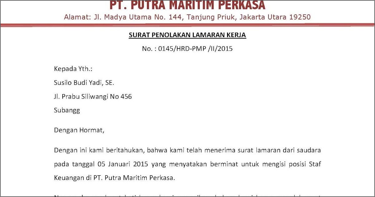 Contoh Surat Balasan Lamaran Kerja Yang Ditolak  Surat Lamaran Kerja