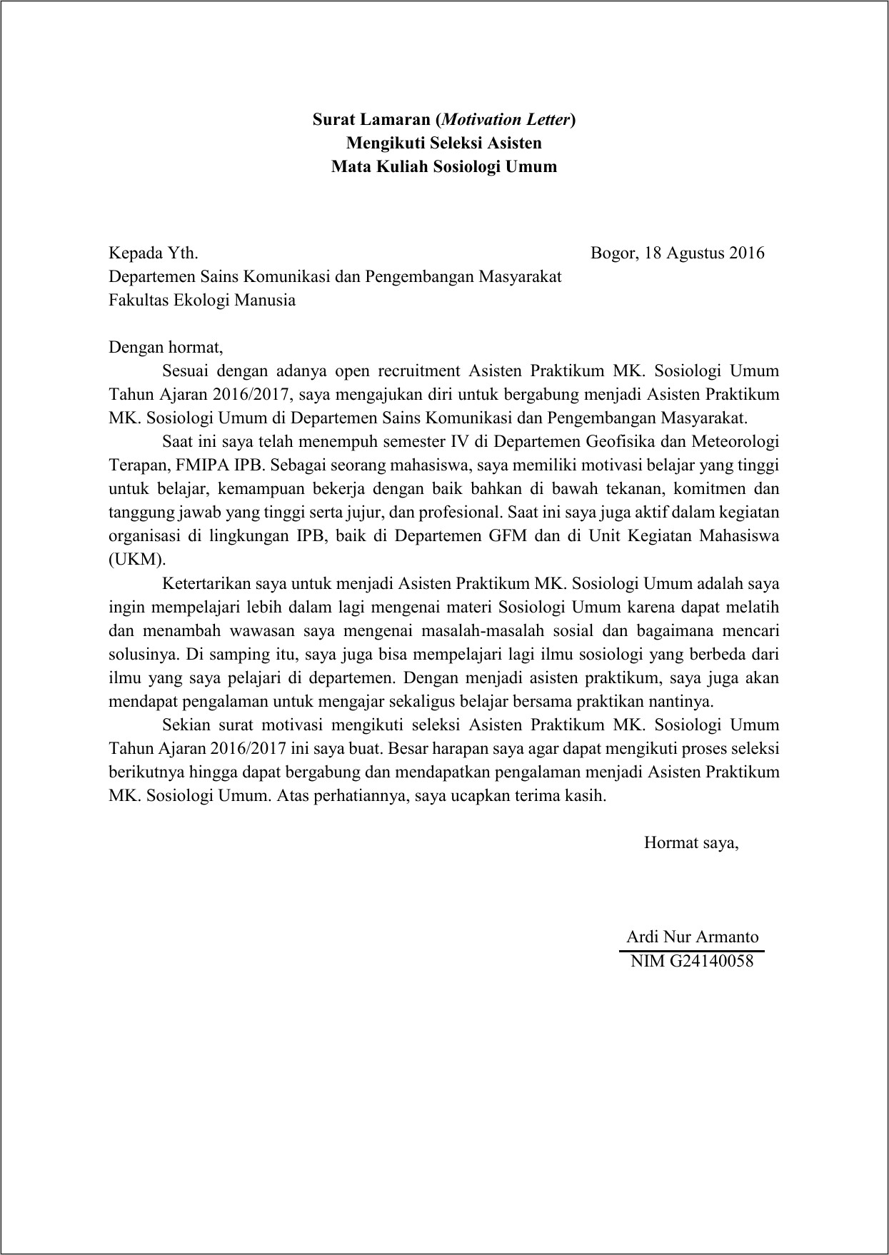Contoh Surat Esai Lamaran Kerja