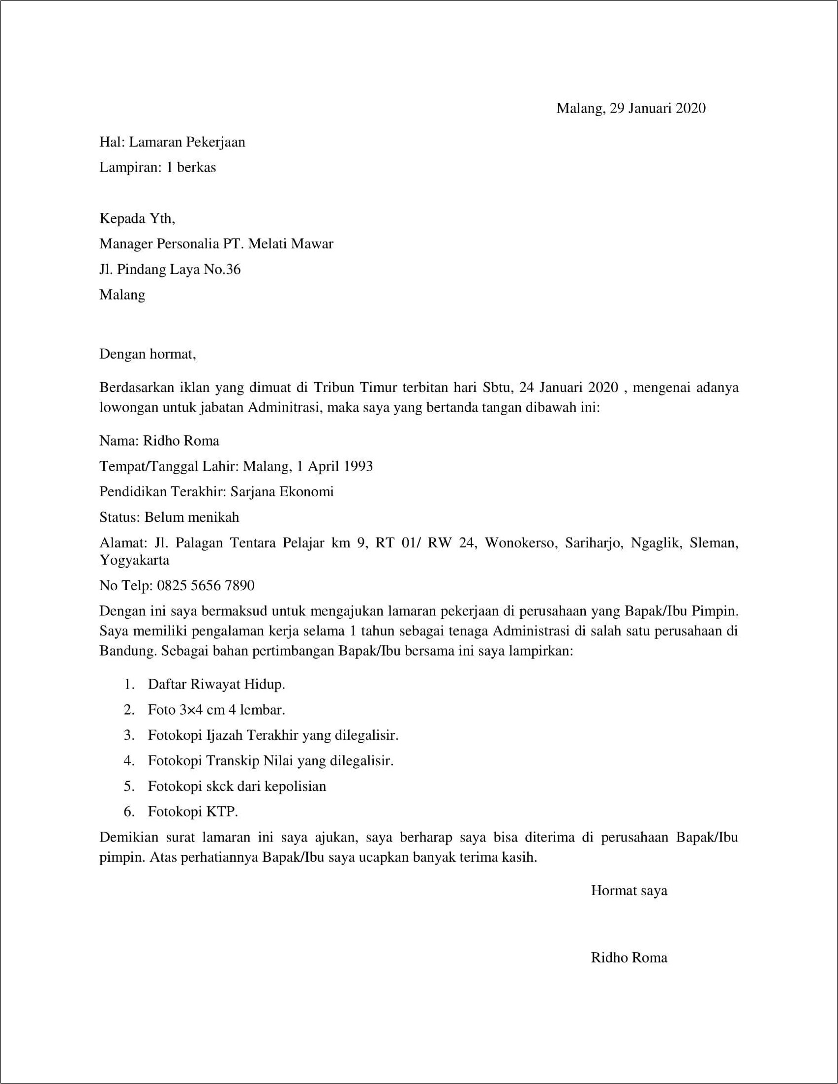 Contoh Surat Iklan Lamaran Pekerjaan
