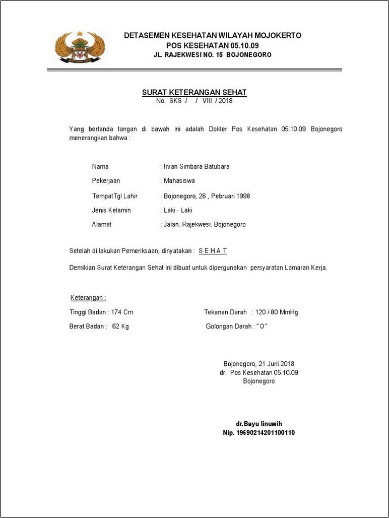 Contoh Surat Keterangan Sehat Untuk Melamar Pekerjaan