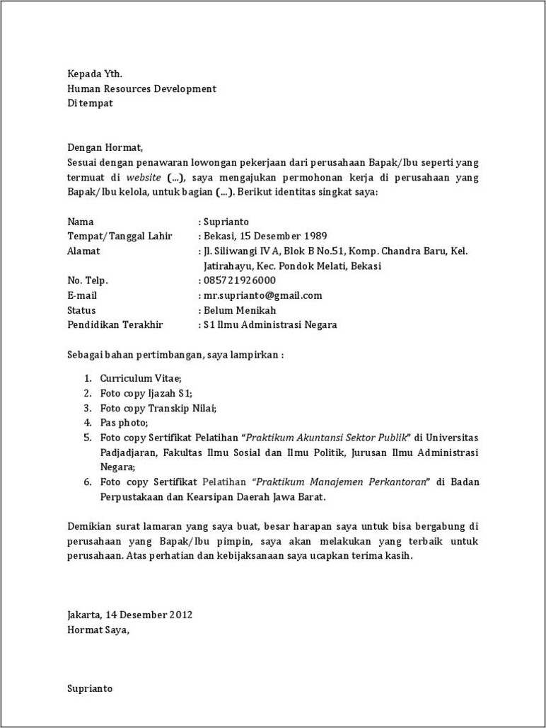Contoh Surat Lamaran Administraasi