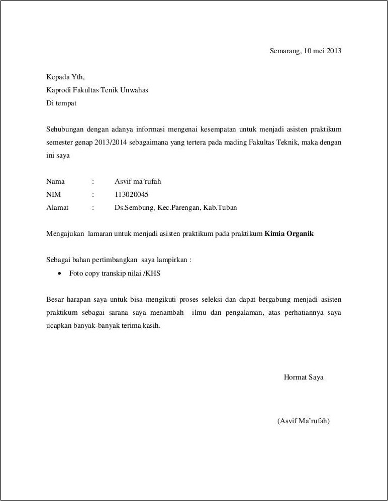 Contoh Surat Lamaran Asisten Lab