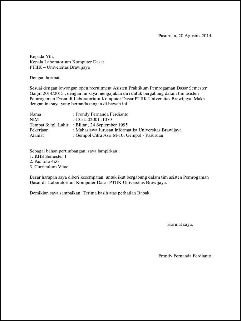 Contoh Surat Lamaran Asisten Laboratorium Gunadarma