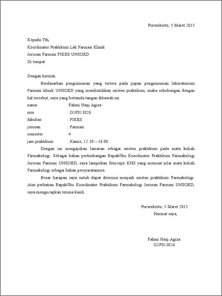 Contoh Surat Lamaran Asisten Penelitian Yang Baik