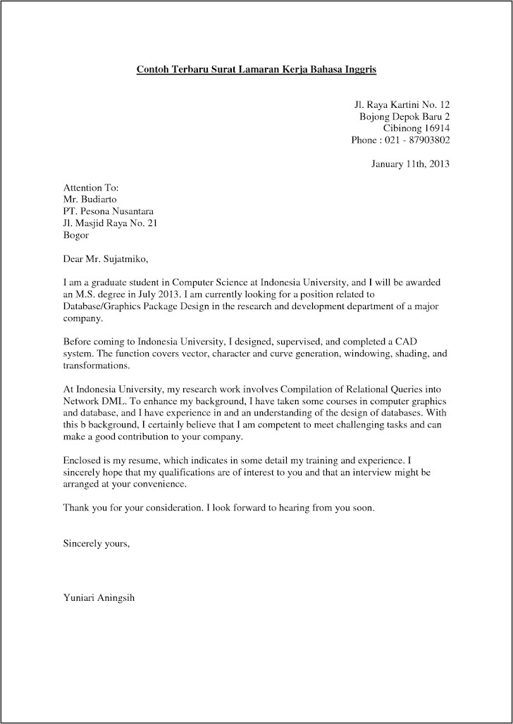 Contoh Surat Lamaran Bahasa Inggris Beserta Cv