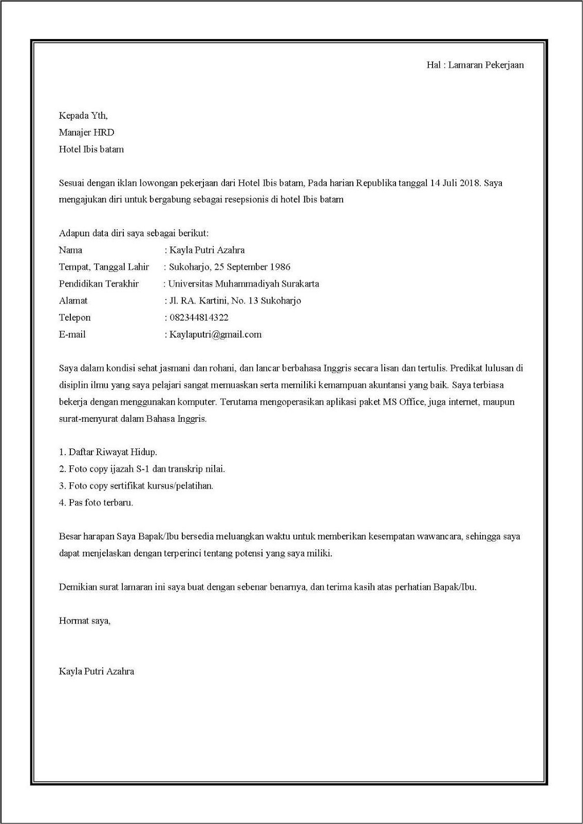 Contoh Surat Lamaran Bahasa Inggris Hotel