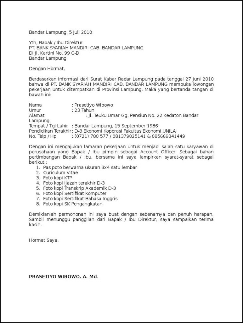 Contoh Surat Lamaran Bank Syariah Mandiri