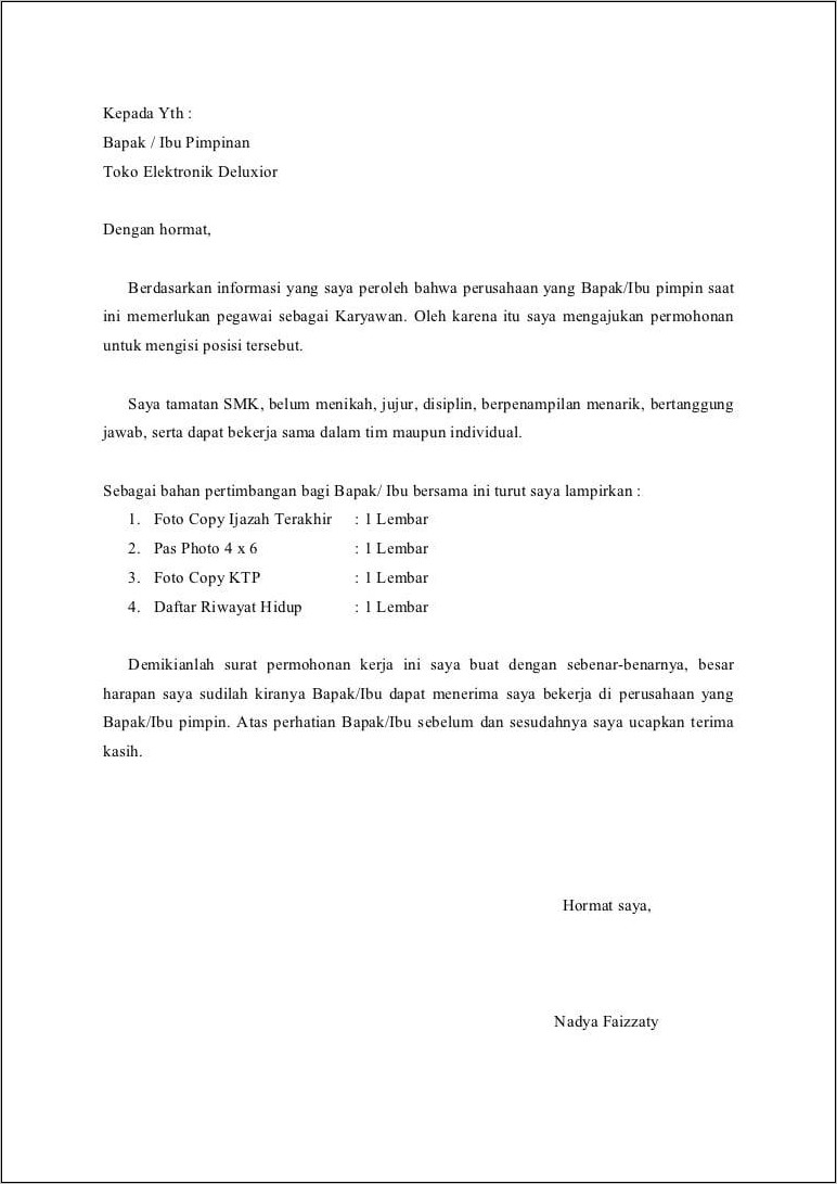 Contoh Surat Lamaran Besar Harapan Saya