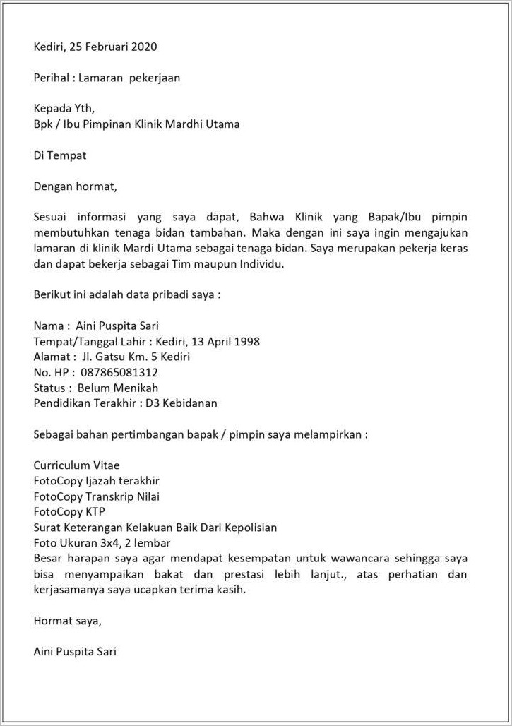 Contoh Surat Lamaran Bidan Di Rumah Sait