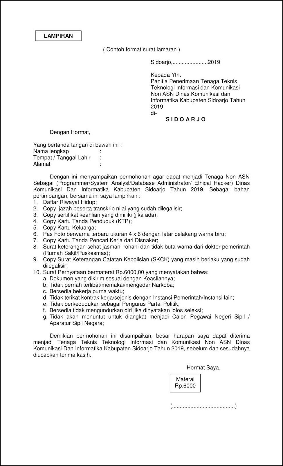 Contoh Surat Lamaran Bkd Sidoarjo