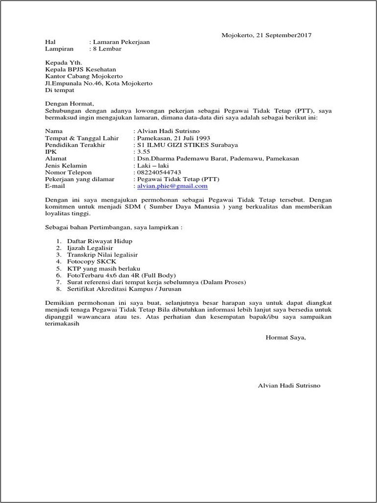 Contoh Surat Lamaran Bpjs Jetenagakerjaan