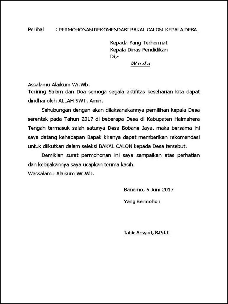 Contoh Surat Lamaran Calon Pilkades