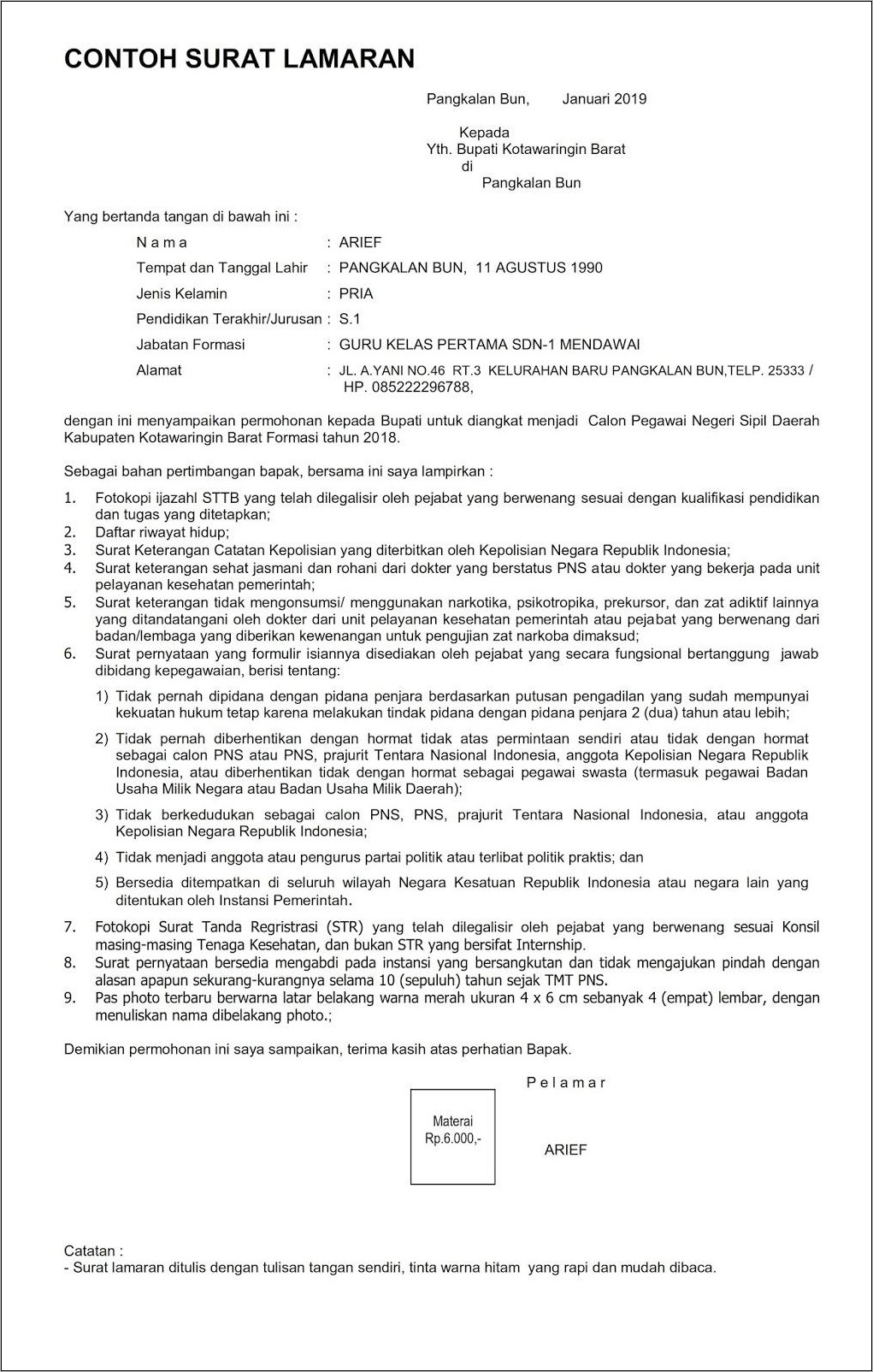 Contoh Surat Lamaran Cns 2019