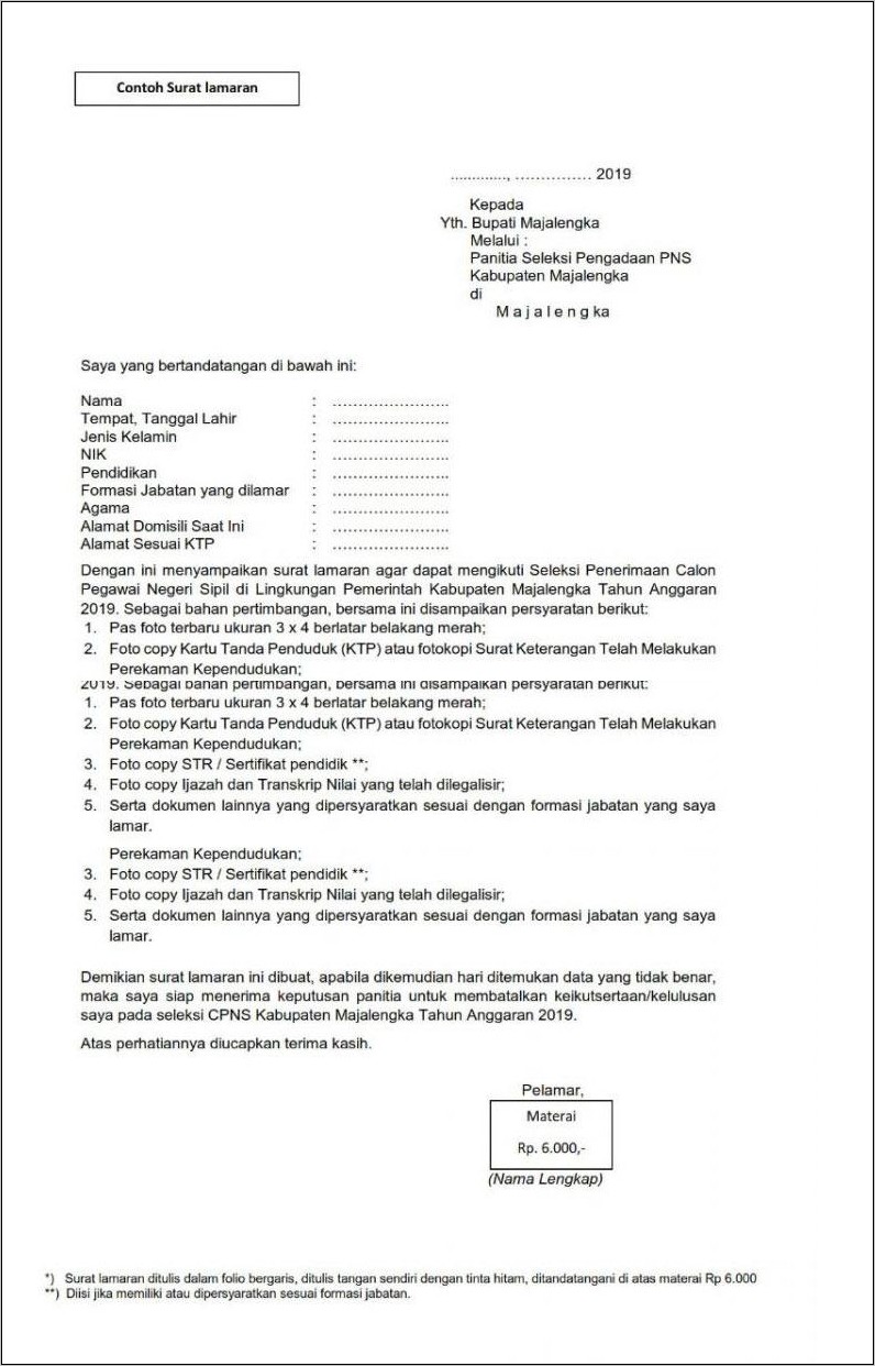 Contoh Surat Lamaran Cpns 2019 Dari Sccn Bkn