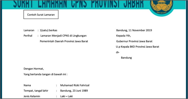 Contoh Surat Lamaran Cpns 2019 Pemerintah Kota Bandung