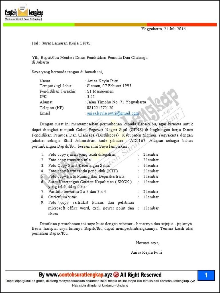 Contoh Surat Lamaran Cpns Abdya