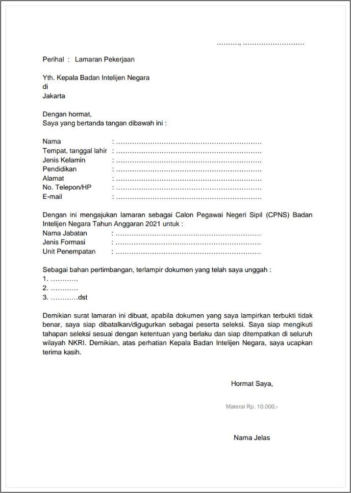 Contoh Surat Lamaran Cpns Bin 2019