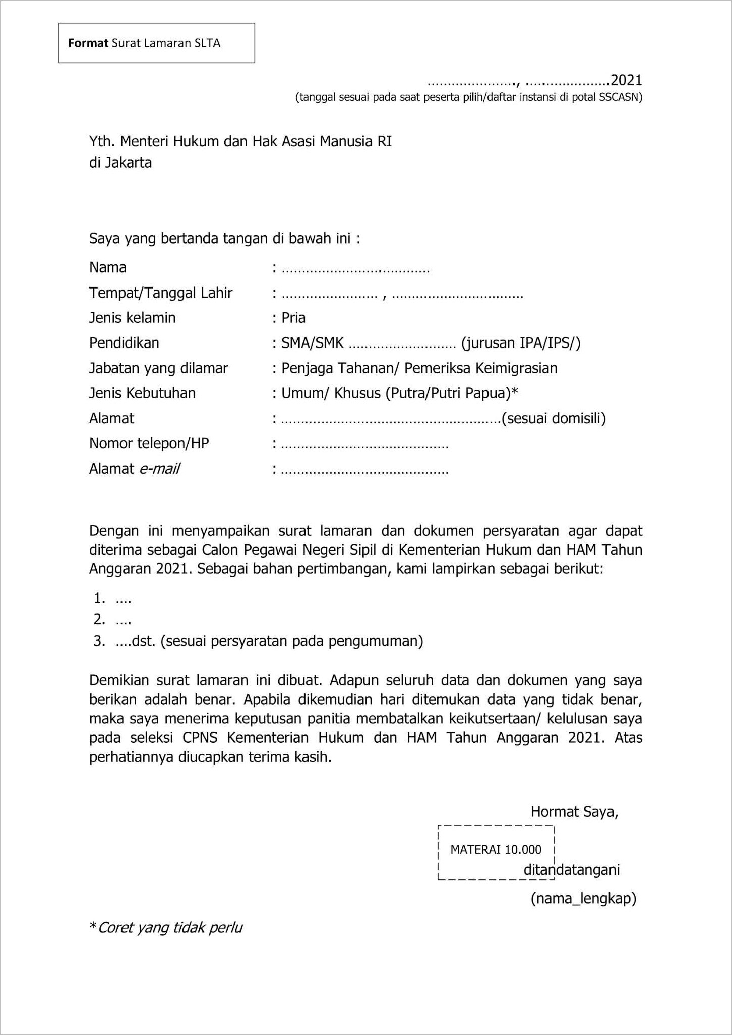 Contoh Surat Lamaran Cpns Binjai