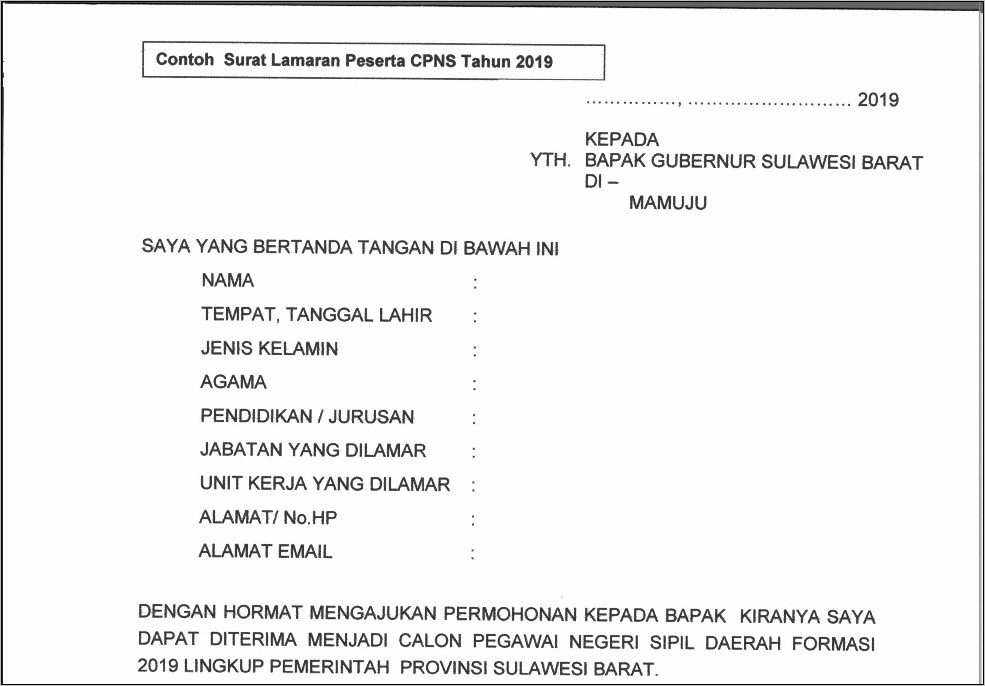 Contoh Surat Lamaran Cpns Bkn 2019