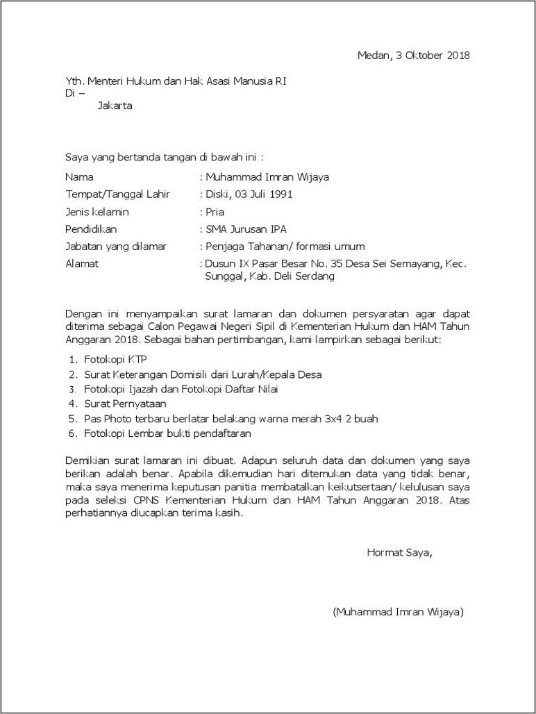 Contoh Surat Lamaran Cpns Bupatio Deliseradng