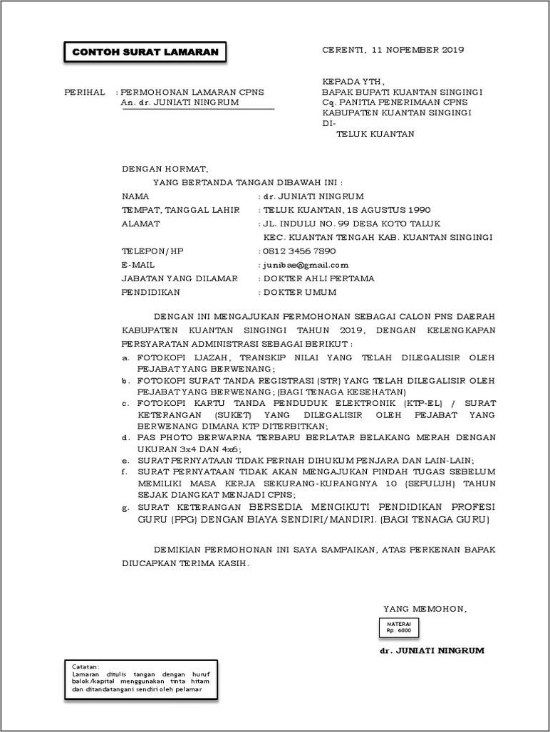 Contoh Surat Lamaran Cpns Di Kabupaten Yang Ditulis Tangan