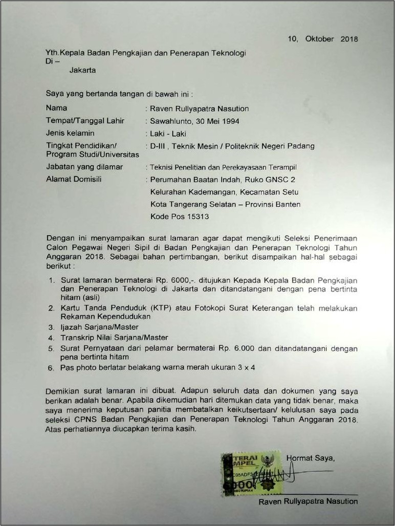 Contoh Surat Lamaran Cpns Di Kota