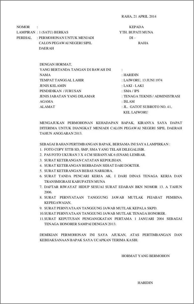 Contoh Surat Lamaran Cpns Dinas Tenaga Kerja Dan Transmigrasi