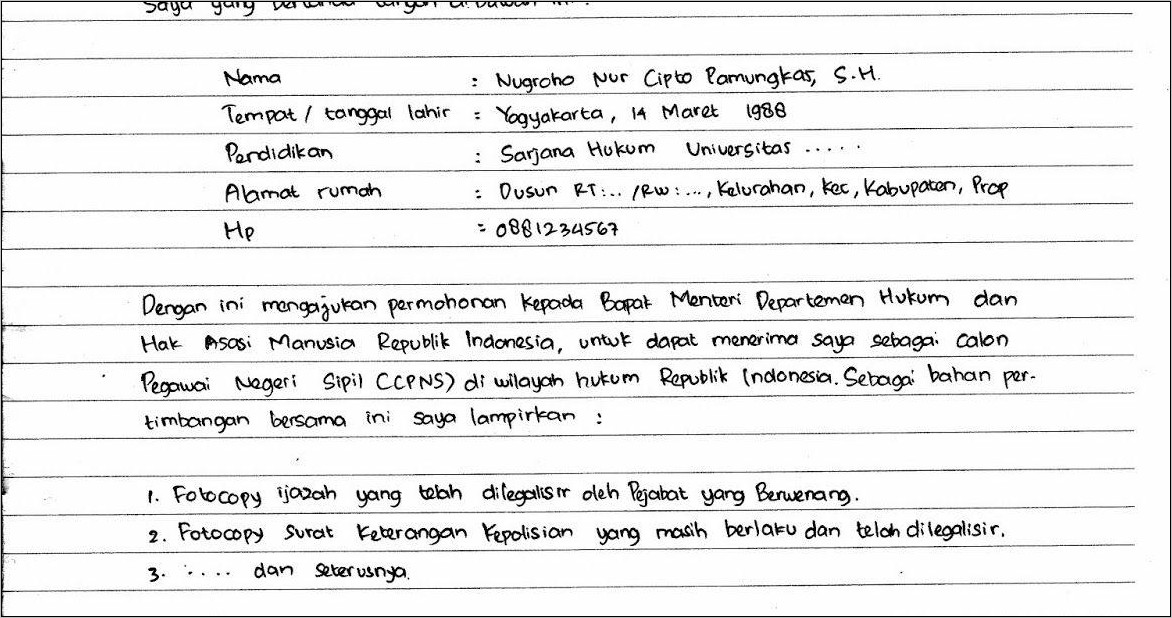 Contoh Surat Lamaran Cpns Ditulis Tangan Dengan Tinta Hitam